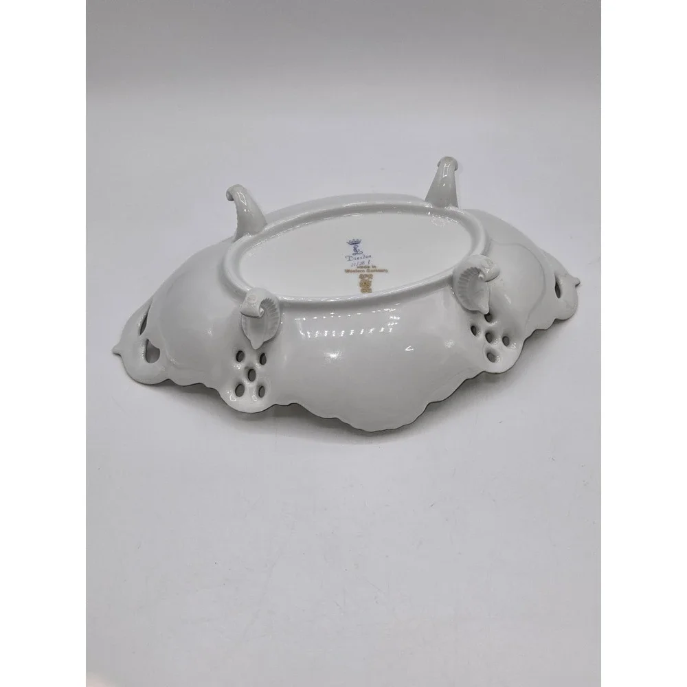 Dresden Porcelain Reticulated Floral Centerpiece Bowl Footed White Gold Western
